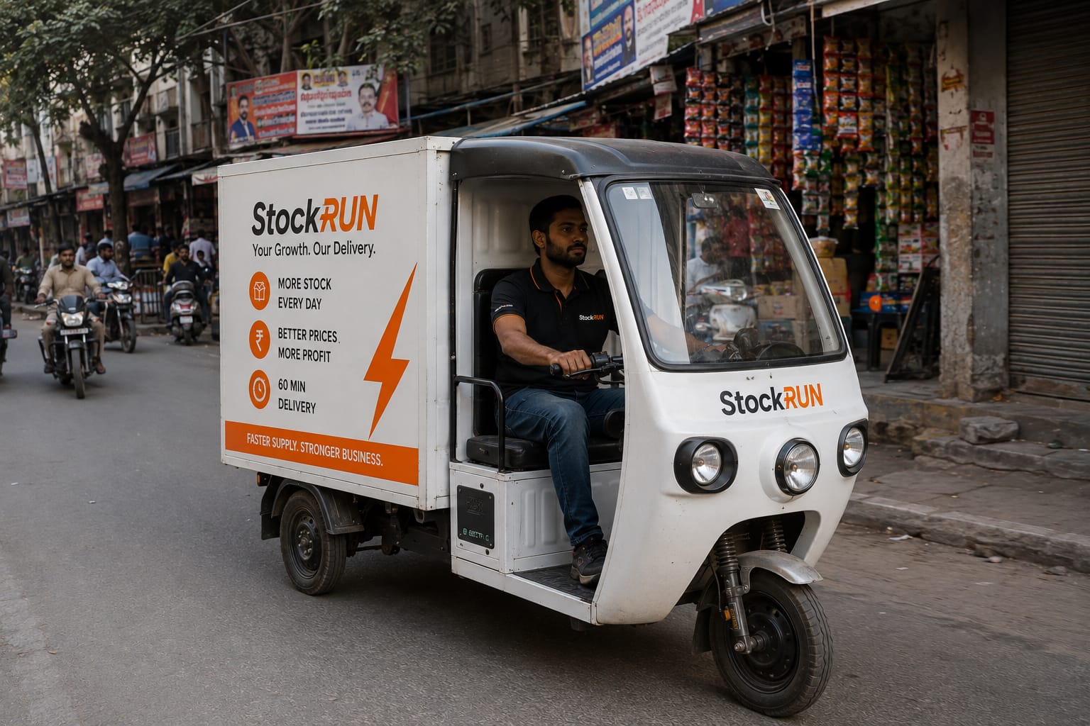 Indian delivery rider carrying B2B supply boxes on a motorbike
