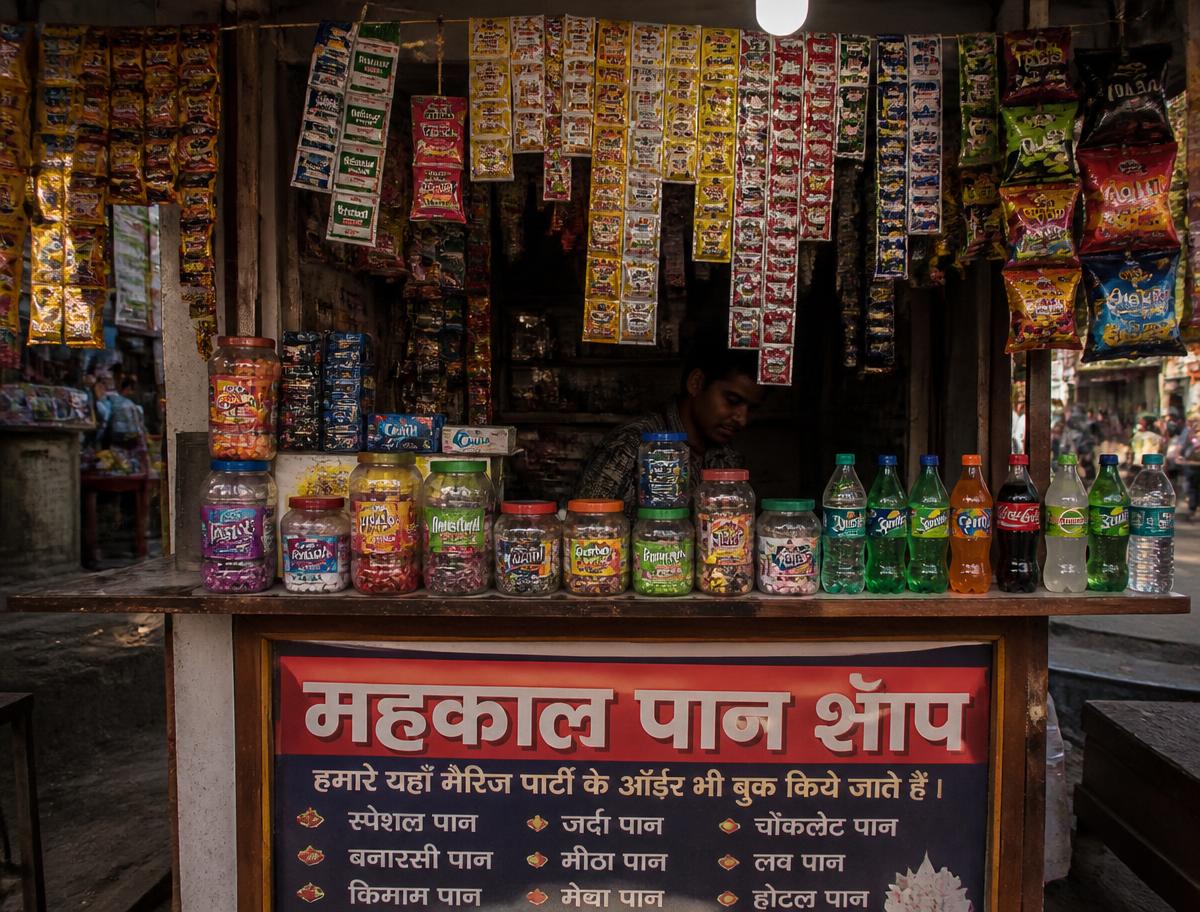 Indian paan shop counter with beverages and impulse products