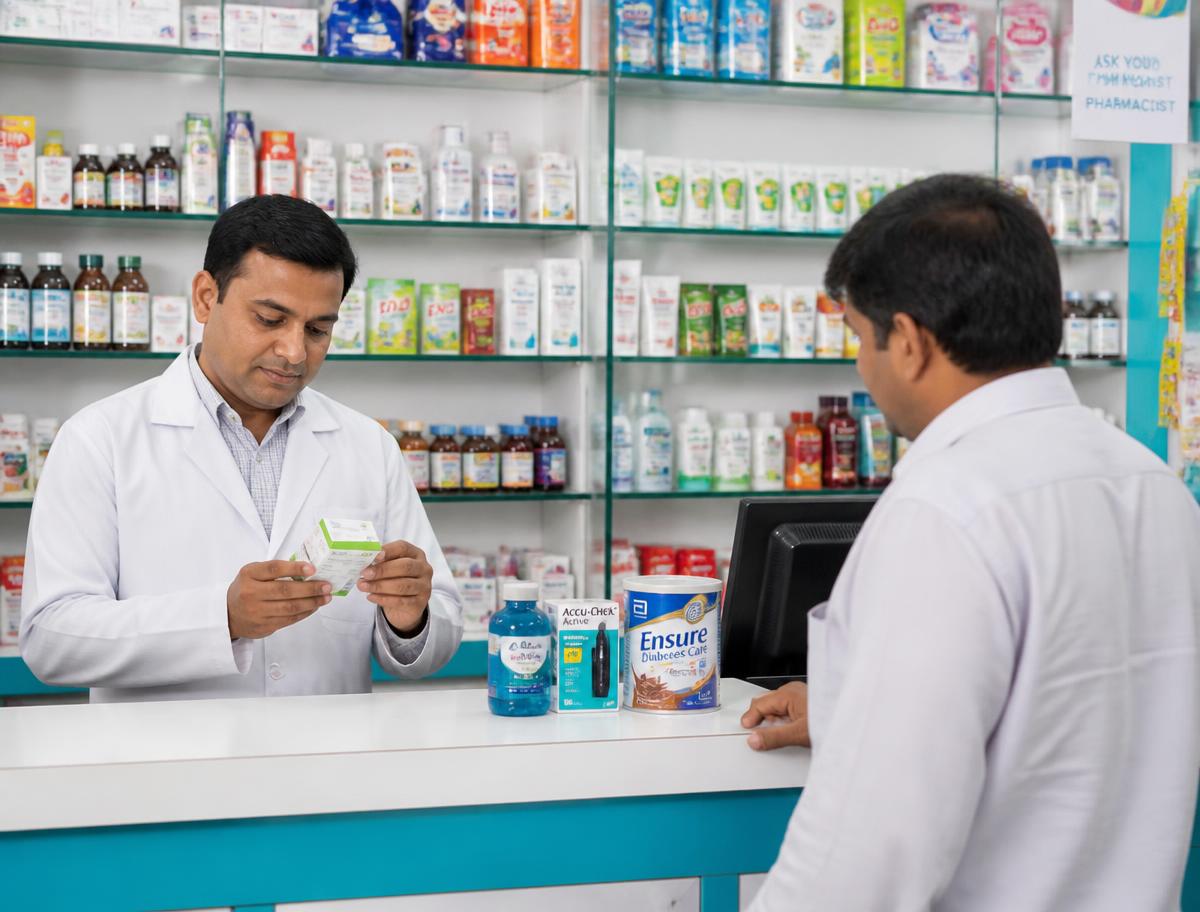 Indian pharmacy counter with OTC and wellness products